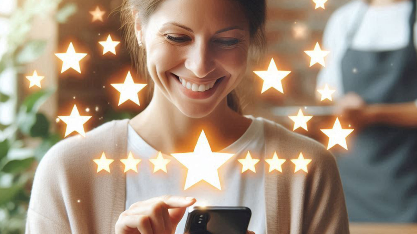 A smiling customer just received excellent service and is tapping a star rating on their smartphone screen 