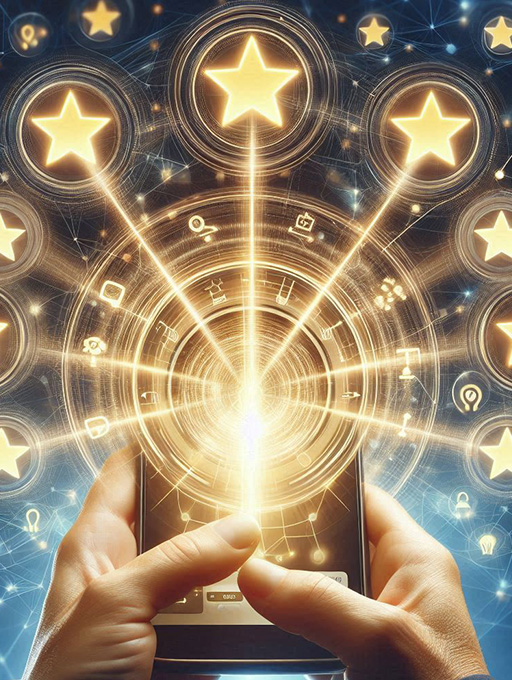 hand holding a phone showing 5-star reviews flowing in