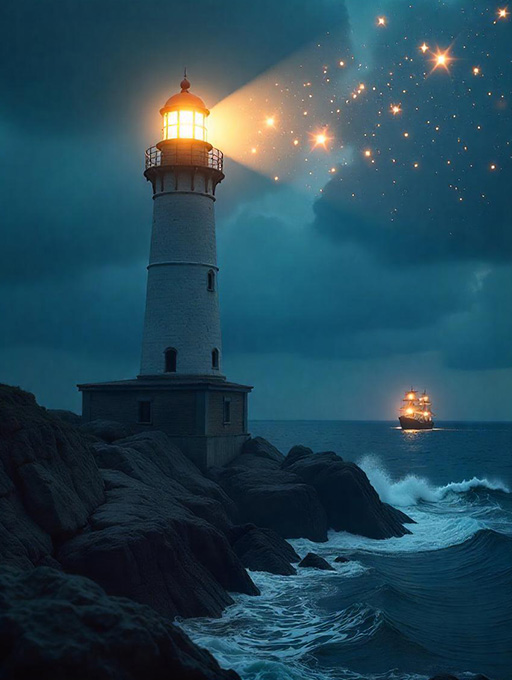 A lighthouse standing tall on a rocky coast at night, casting a wide, radiant beam across stormy waters. 