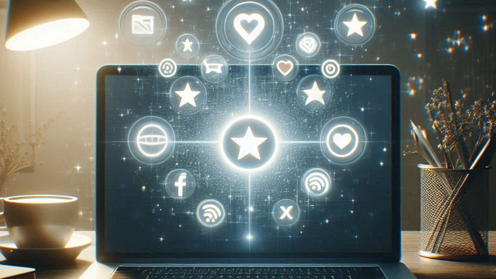 laptop showing review related icons coming from the screen