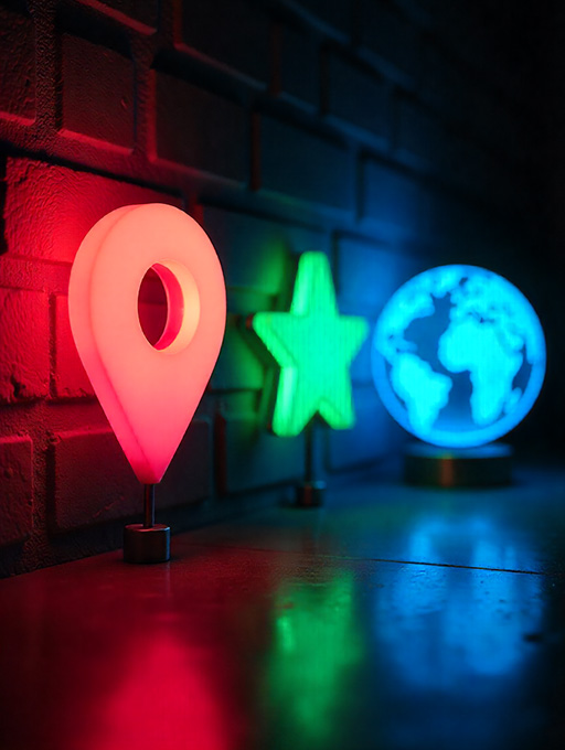 Three small icons side-by-side Google pin, star rating, globe