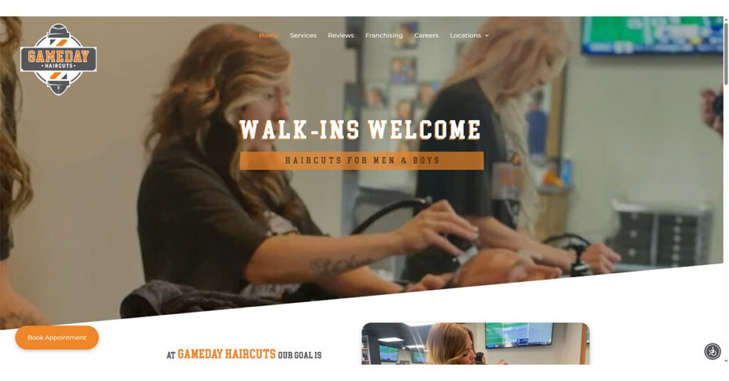 Barbershop marketing strategy and Google My Business management for haircuts, featuring a barber working on a client with a welcoming banner for walk-ins offering haircuts for men and boys.
